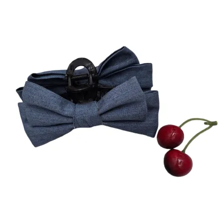 A blue denim bow hairpin with two cherry headwear for a cute girl A blue denim bow hairpin with two cherry headwear for a cute girl